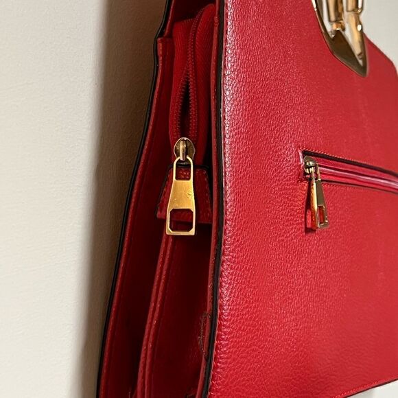 Women’s Red Satchel Purse Gold Details Double Top Handle Hard Side Large Bag - Picture 4 of 7